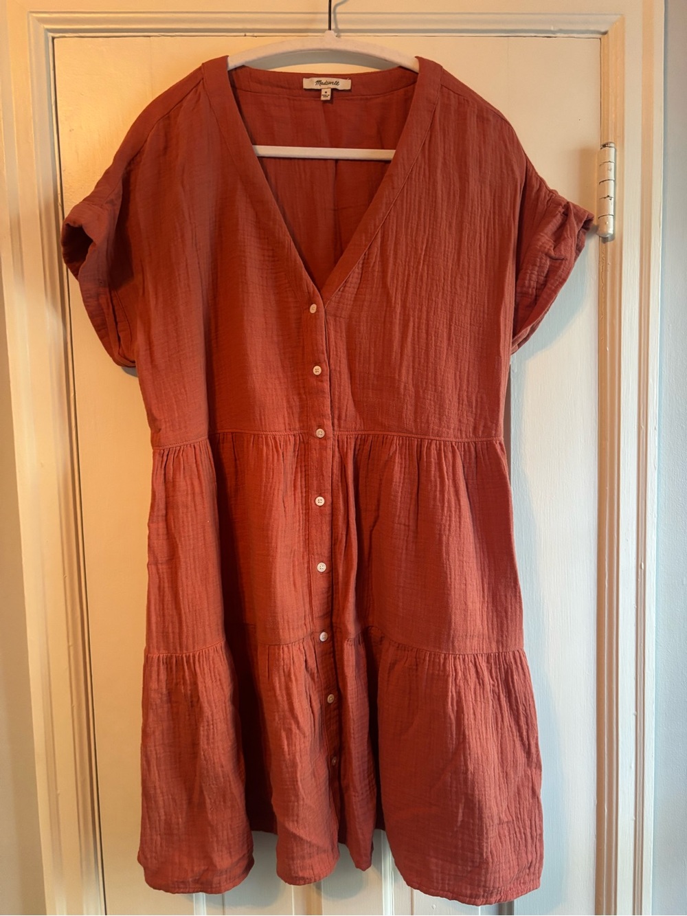 Madewell Tiered V-Neck Button Front Dress in Rust